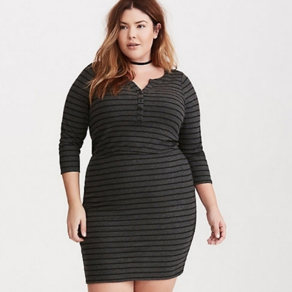 Striped Henley Ribbed Knit Dress